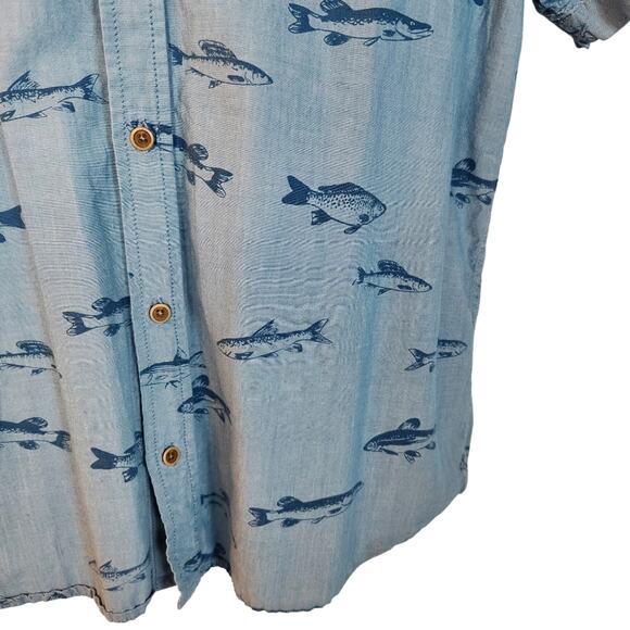 Chevignon Shirt Short Sleeve Mens Large Slim Fit Blue Fish Print Buttonup - Picture 3 of 9